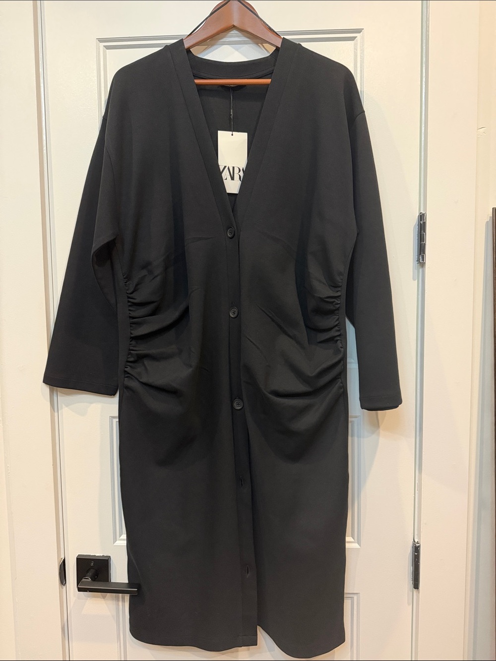 Zara Black Button-Front Long Cardigan/Dress with Ruched Sides